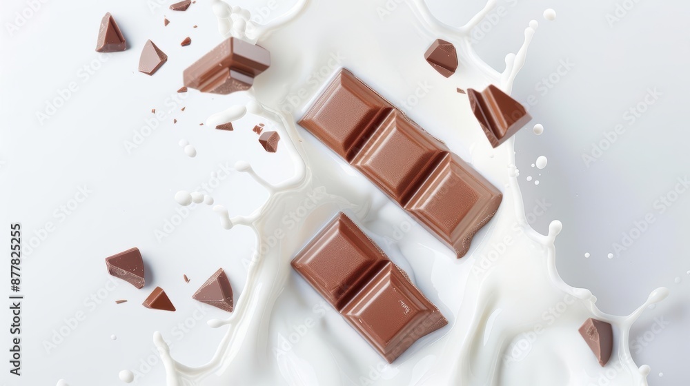 Fototapeta premium Three chocolate bars with milk splashes, white background, high shutter speed, front view, dynamic style