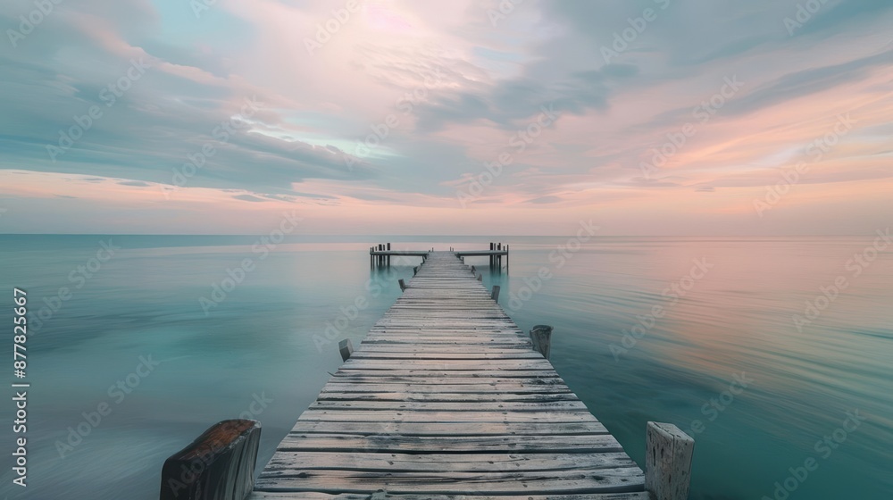 Fototapeta premium Serene Wooden Pier Extending into Tranquil Ocean at Sunset