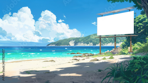 An anime-style depiction of a peaceful beach, featuring turquoise waters and a sunlit shore. A large white background billboard dominates the view, adding an interesting focal point to the serene