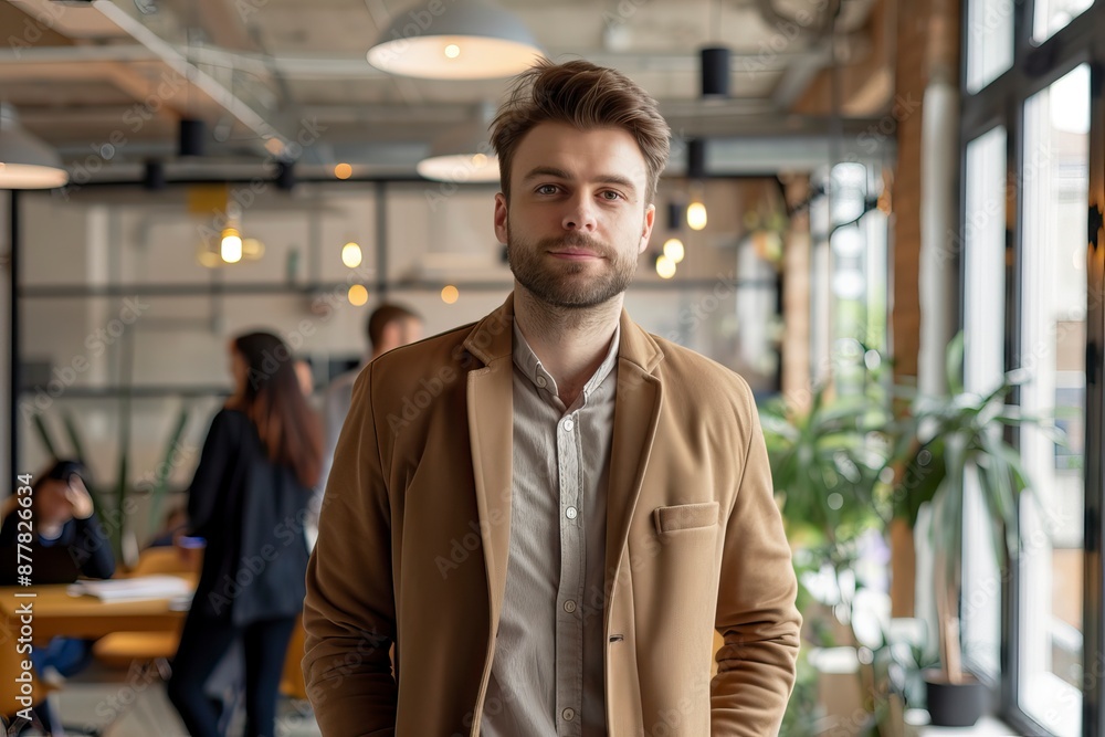 Successful business man standing in creative office and looking at camera. man entrepreneur in a coworking space smiling. Portrait of beautiful business man standing in front - generative ai Successful business man standing in creative office and looking at camera. man entrepreneur in a coworking space smiling. Portrait of beautiful business man standing in front - generative ai