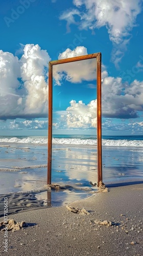 High-Definition AI-Generated Wallpaper of a Surreal Mirror on the Beach with Vibrant Colors, Perfect for Promoting Best-Selling Corporate Themes as an Abstract Background