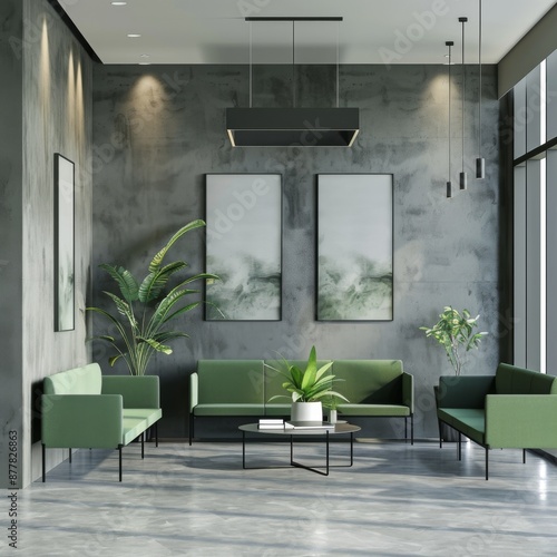 Contemporary Waiting Room Serenity: A Modern Doctor's Office with Sophisticated Grey and Green Interior Design for Patient Comfort photo