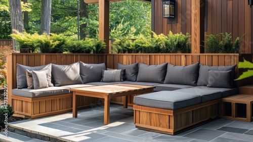 wooden Craftsman-style modular outdoor seating arrangement, featuring versatile components that can be reconfigured as needed for events or relaxation photo
