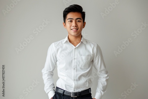 Young asian man, professional entrepreneur standing in office clothing, smiling and looking confident, one color background - generative ai