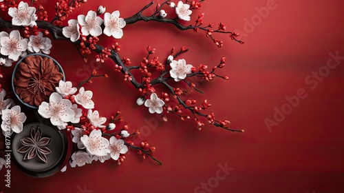 top view of chinese new year background with flower oranament and red background photo