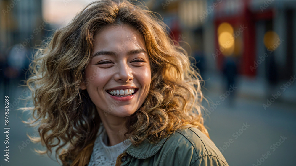 beautiful woman with curly hair, smiling happily beautiful woman with curly hair, smiling happily