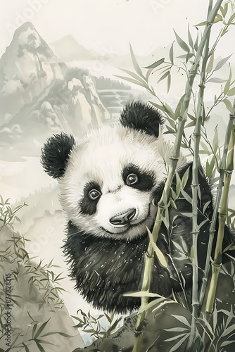 Adorable panda playfully hiding behind bamboo stalks in a serene mountain landscape photo