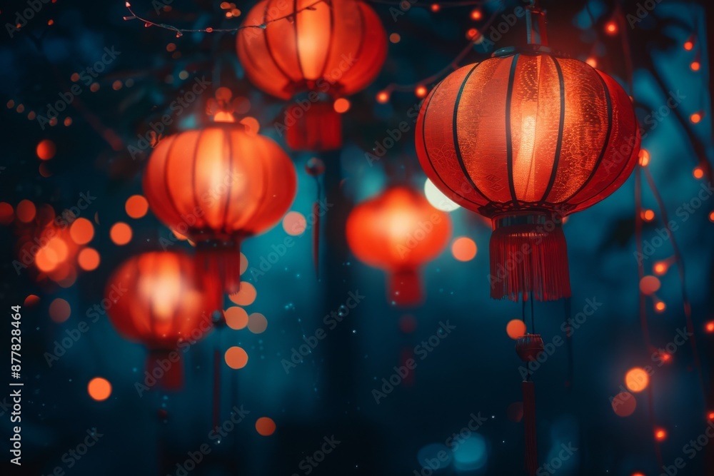 A vibrant display of red lanterns hanging in the night sky, with a soft glow and simple background A vibrant display of red lanterns hanging in the night sky, with a soft glow and simple background
