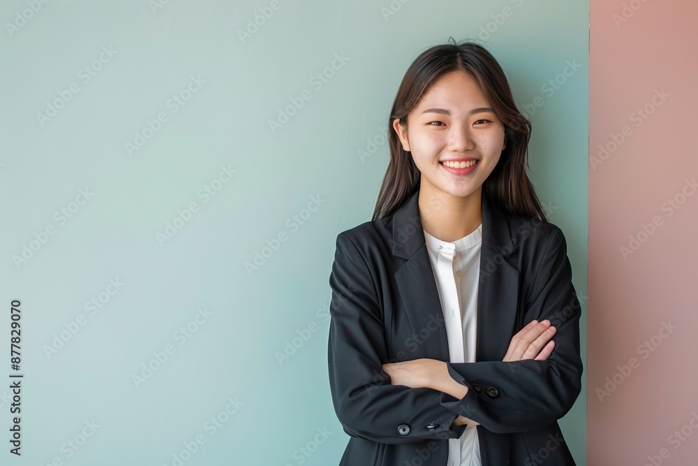 Young asian woman, professional entrepreneur standing in office clothing, smiling and looking confident, one color background - generative ai Young asian woman, professional entrepreneur standing in office clothing, smiling and looking confident, one color background - generative ai