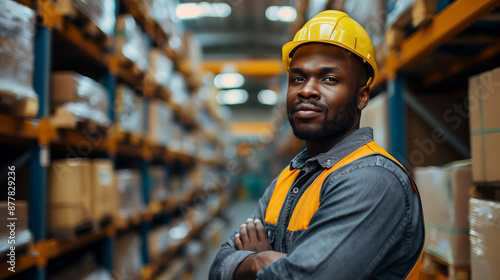 African-American man wearing safety hardhat and vest, working in warehouse, copy space