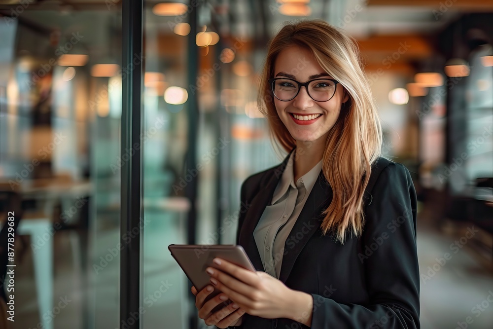 Young happy business woman working with tablet in corporate office - generative ai Young happy business woman working with tablet in corporate office - generative ai