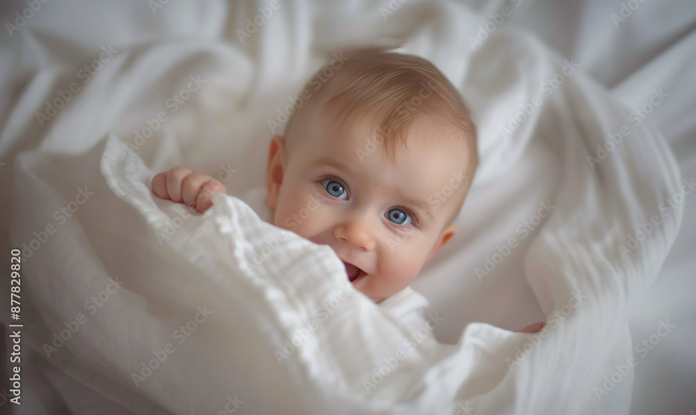 A close-up of a happy baby under a white blanket, copy space, Generative AI. A close-up of a happy baby under a white blanket, copy space, Generative AI.