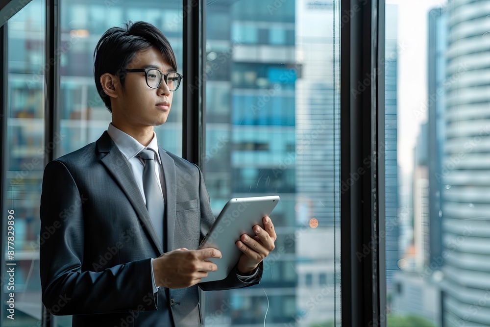 Young Japanese businessman, Asian company manager or entrepreneur wearing suit holding digital tablet checking financial services or corporate software technology - generative ai Young Japanese businessman, Asian company manager or entrepreneur wearing suit holding digital tablet checking financial services or corporate software technology - generative ai