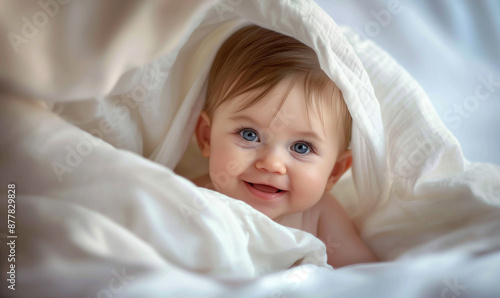 A close-up of a happy baby under a white blanket, copy space, Generative AI.