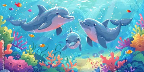Whimsical Underwater Dolphin Adventure in Vibrant Coral Reef Ecosystem