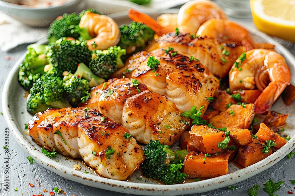 Scrumptious seafood and vegetable dinner with grilled fish shrimp broccoli and sweet potatoes Scrumptious seafood and vegetable dinner with grilled fish shrimp broccoli and sweet potatoes