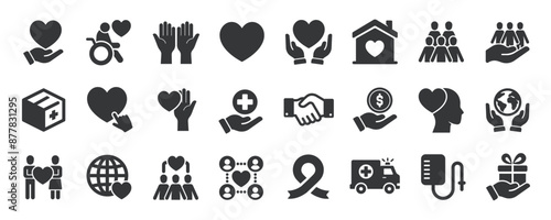 Volunteer charity glyph solid icons collection. Containing care, awareness, friendship, donate, help. For website marketing design, logo, app, template, ui, etc. Vector illustration.