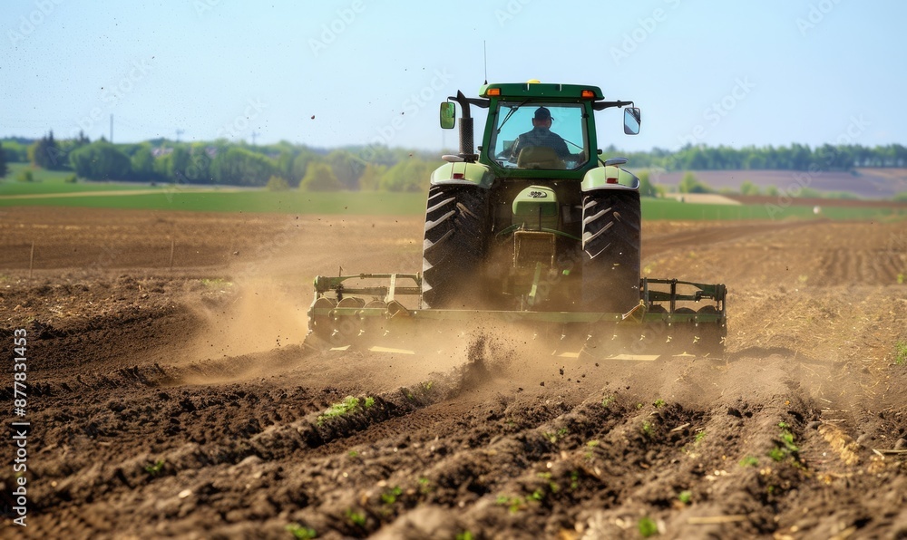 Fototapeta premium Agricultural scene - a tractor plowing the field, turning the soil for the new planting season, enhancing crop growth, and contributing to sustainable farming practices.