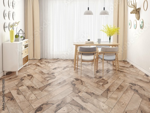 Принти на полотні Luxurious kitchen interior featuring a beige marble floor and white marble countertop, a wooden dining area connected to the countertop, and a window overlooking a stunning backyard