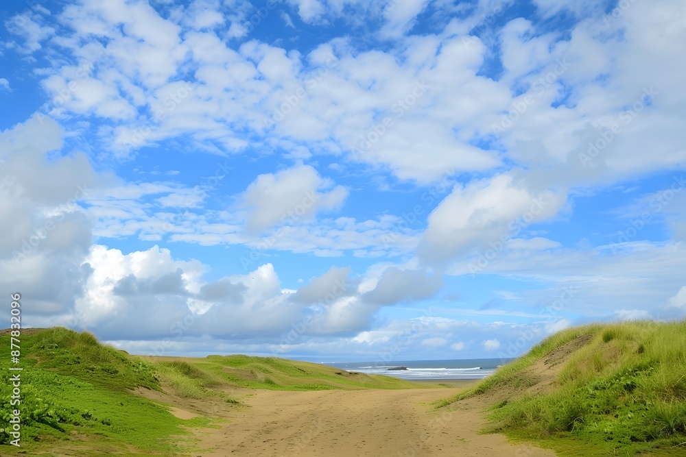 Scenic coastal landscape with sandy path to ocean under vibrant blue sky with scattered clouds Scenic coastal landscape with sandy path to ocean under vibrant blue sky with scattered clouds