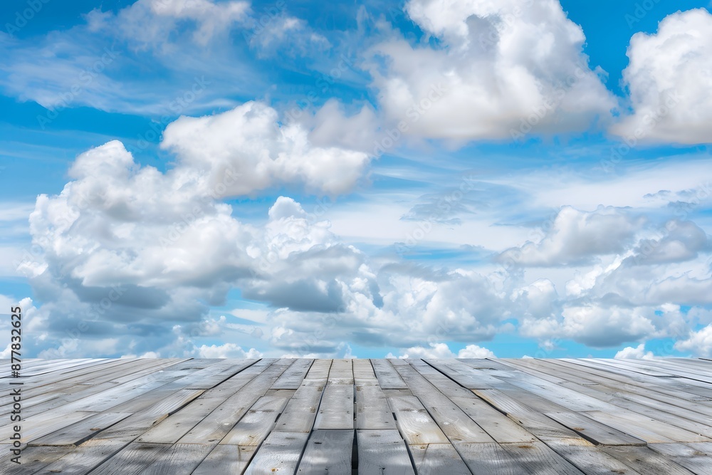 Scenic wooden deck with a clear blue sky and fluffy clouds, ideal for outdoor activities Scenic wooden deck with a clear blue sky and fluffy clouds, ideal for outdoor activities