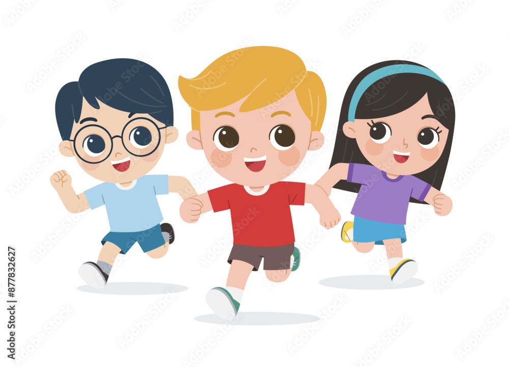 Group of running joyful children. Happy kids running. Children's activities.