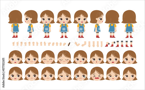 Mascot creation kit of little girl for different poses . Vector constructor with various views, emotions, poses and gestures. Schoolgirl character creation set.