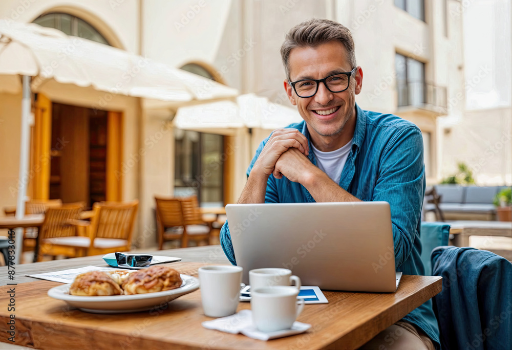 A smiling man with glasses using a laptop sitting outdoor A smiling man with glasses using a laptop sitting outdoor