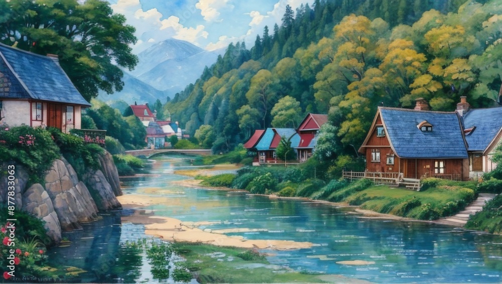 Naklejka premium Landscape, oil painting on canvas, farmhouse painting, Log house. Cabin for camping. Holidays in the mountains with clouds. Beautiful forest nature. Country landscape. old rural house, Impasto artwork