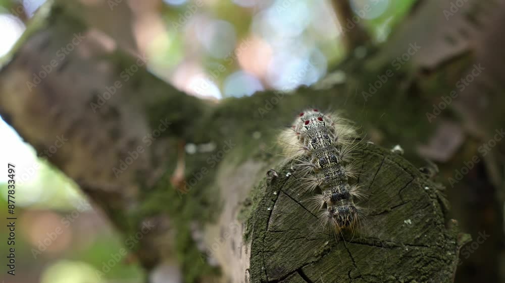 massive hairy gypsy moth caterpillar crawls up tree trunk,destructive pest threatening garden. massive hairy gypsy moth caterpillar crawls up tree trunk,destructive pest threatening garden.