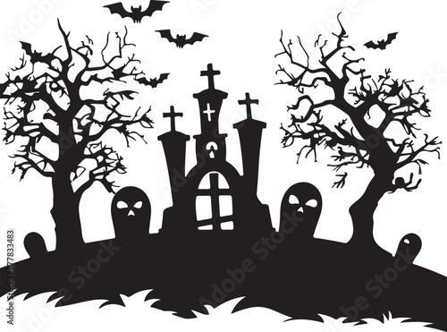 Halloween Graveyard Silhouette Vector Illustration White Background