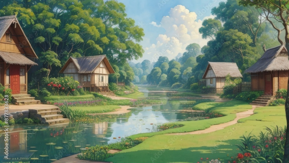 Fototapeta premium Landscape, oil painting on canvas, farmhouse painting, Log house. Cabin for camping. Holidays in the mountains with clouds. Beautiful forest nature. Country landscape. old rural house, Impasto artwork