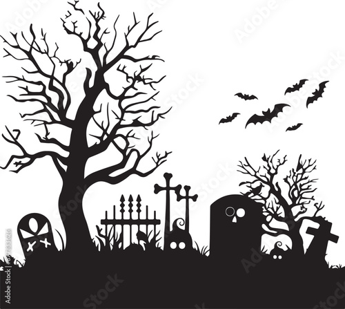 Halloween Graveyard Silhouette Vector Illustration White Background