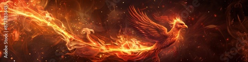 Abstract majestic phoenix flying in the sky, reborn from the ashes, shining with the flame of rebirth and tenacity photo