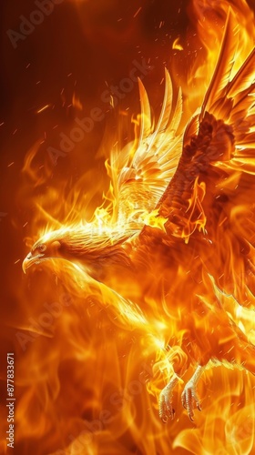 Abstract majestic phoenix flying in the sky, reborn from the ashes, shining with the flame of rebirth and tenacity photo