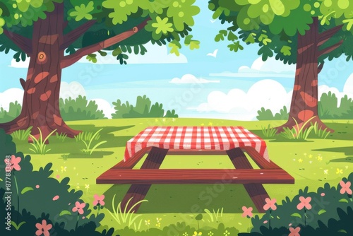 Abstract Picnic Table Delight: A Whimsical Illustration of a Cartoon-Style Picnic Setting, Perfect as a Playful Background for Art Enthusiasts photo