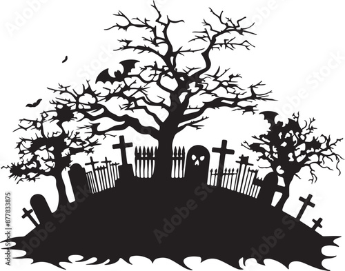 Halloween Graveyard Silhouette Vector Illustration White Background