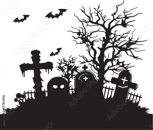 Halloween Graveyard Silhouette Vector Illustration White Background