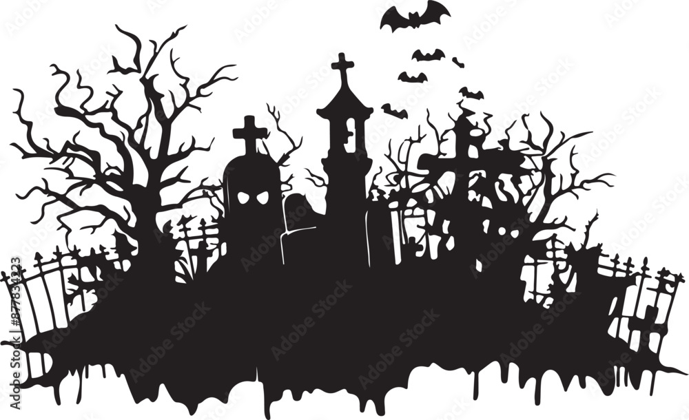 Halloween Graveyard Silhouette Vector Illustration White Background Halloween Graveyard Silhouette Vector Illustration White Background