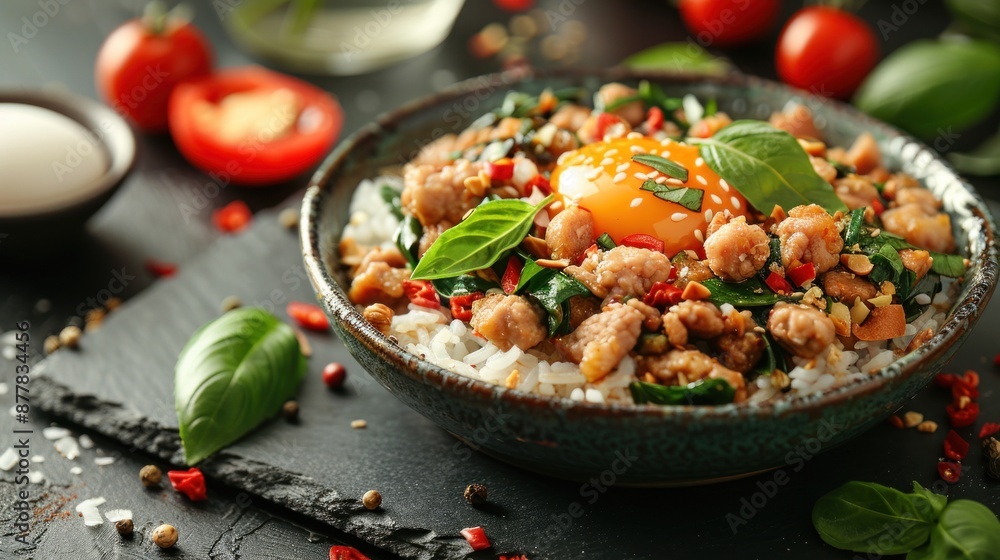 Closeup of a Bowl of Savory Rice with a Raw Egg Yolk Closeup of a Bowl of Savory Rice with a Raw Egg Yolk