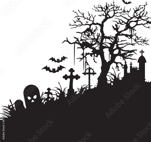 Halloween Graveyard Silhouette Vector Illustration White Background