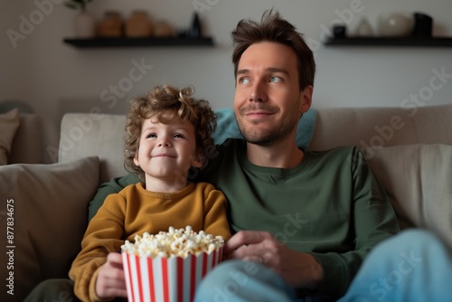 Father and child enjoying movie night with popcorn in home theater, relaxation and entertainment.