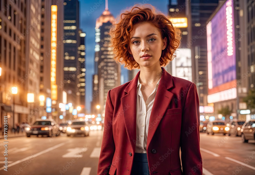 Young Woman in Blue Blazer on City Street Young Woman in Blue Blazer on City Street