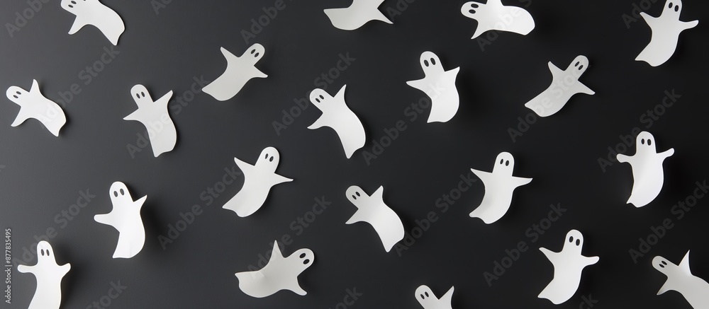 Floating Paper Ghosts on Black Background, Halloween Decorations and Spooky Atmosphere Floating Paper Ghosts on Black Background, Halloween Decorations and Spooky Atmosphere