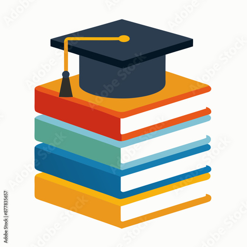 Books with a graduation cap represents the knowledge gained through education on white background