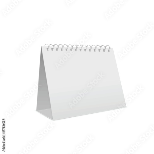 White, blank tabletop calendar standing upright with spiral binding. Vector