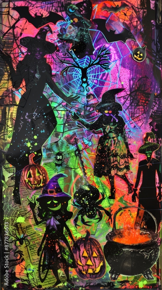 Fototapeta premium Modern Halloween Collage Art Featuring Witch, Spider, and Cauldron in Neon Colors, Abstract Festive Background or Wallpaper, High-Definition AI-Generated Art