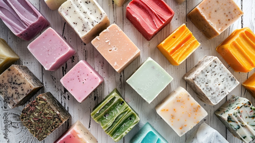 Soap bars displayed on a white wooden surface Soap bars displayed on a white wooden surface