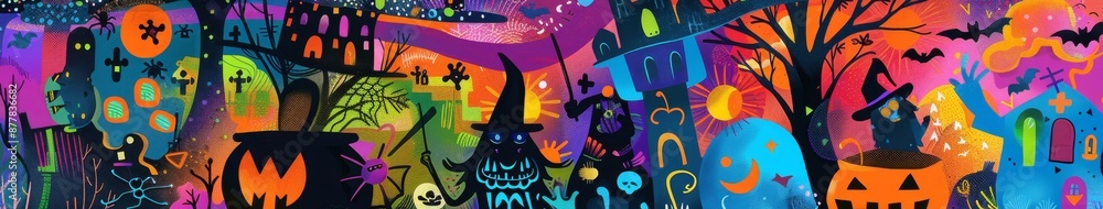 Fototapeta premium Modern Halloween Collage Art Featuring Witch, Spider, and Cauldron in Neon Colors, Abstract Festive Background or Wallpaper, High-Definition AI-Generated Art