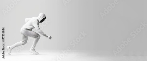 Burglar in action, tiptoeing with copy space on clear white background, natural lighting